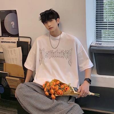 2024 Summer Short Sleeved T-Shirt For Men'S Trendy Five Inch Sleeve Versatile Casual Loose Student Half Sleeved T-Shirt Daily Fashion Printed Top