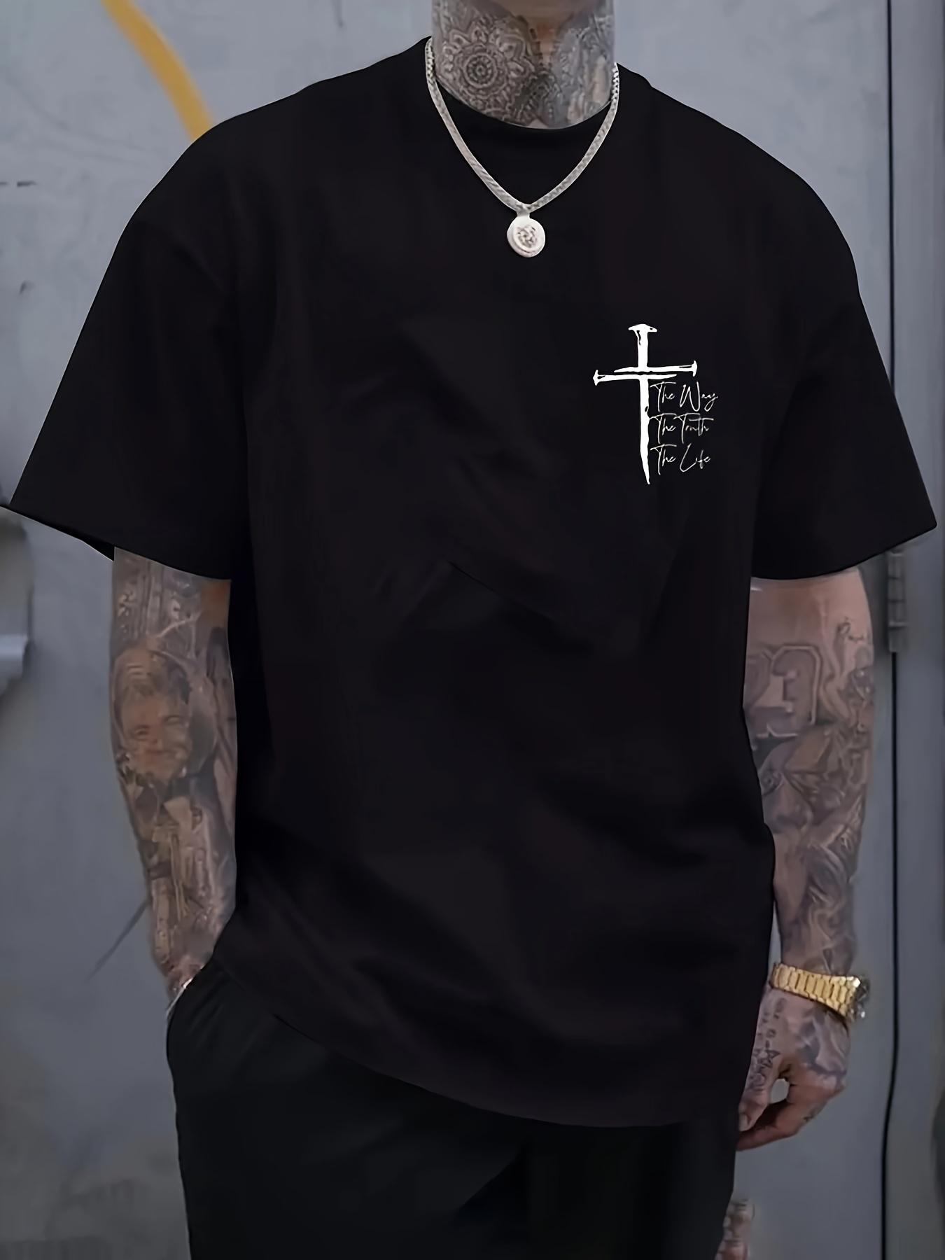 Christian Cross Graphic Print T-shirt - Black with White Faith Design M