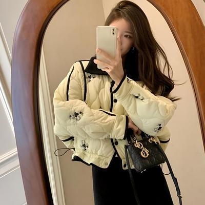 Winter Women French Printed Thick Warm Short Loose Padded Jacket Casual Cotton Coat