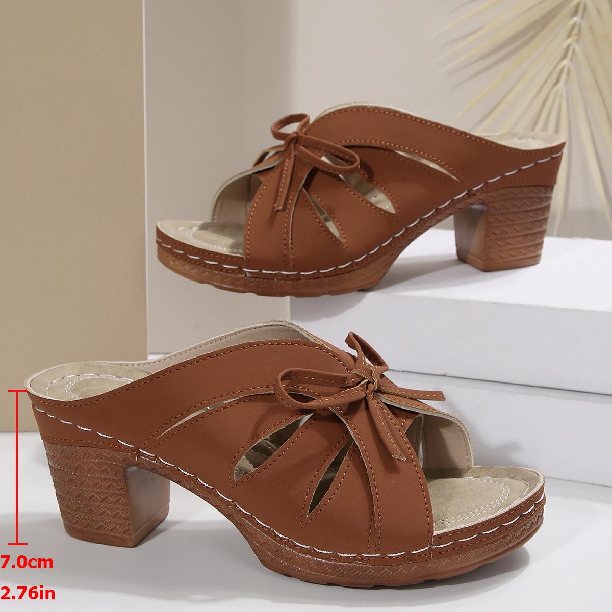 

Large size fashion bow cool slippers summer new shaking line hollow thick heel fish mouth slippers 36 темно-коричневого