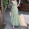 Seaside Vacation Green Floral Small Flying Sleeve Dress Gentle Temperament Unique Beautiful Waist a Word Beach Dress