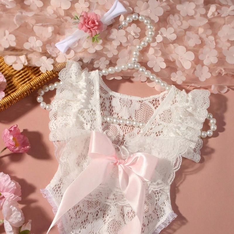 Infant Lace Backless Bodysuit Sleeveless Romper with Bowknot Flower Headband Photo Props for Photoshoots And Parties