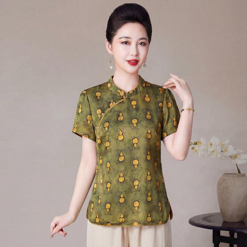 

Plus Size Women s Pink Rose Chinese Style Stand Collar Top - Summer 2026 2XL [125-135 jin] зелений