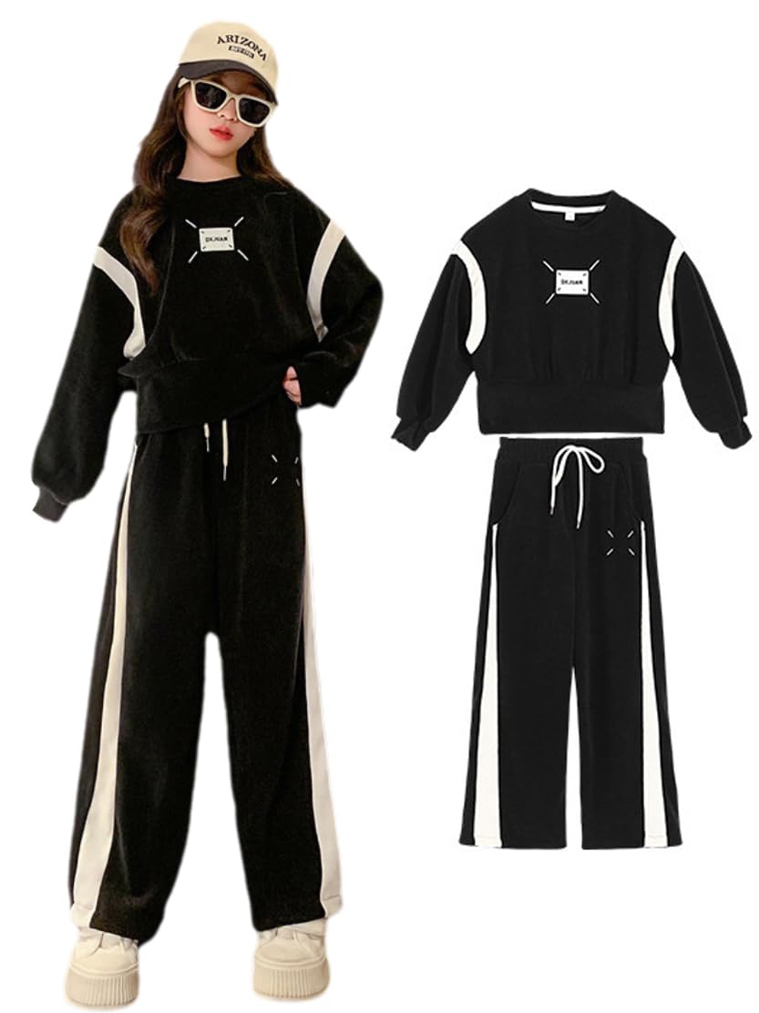 

Комплект толстовки с длинным рукавом и спортивных брюк KOSIKINI для повседневной носки и идеально подходящий для школы или размеров и милый спортивный костюм, идеально подходящий для танцев и корейский чёрный