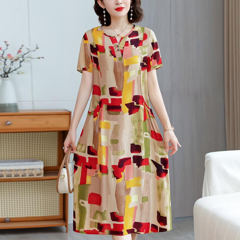 Elegante Damen-Sommerkleider Übergröße Lässig Print Kurzarm Langkleid