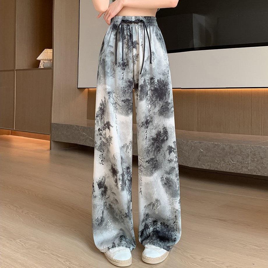 Ice silk wide-leg pants women's summer thin new Chinese ink cool pants high-waisted casual pants trousers women's clothing