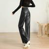 Autumn and winter 2026 new loose wide-leg leather pants women's straight and thin casual pants soft PU leather black high-waisted pants