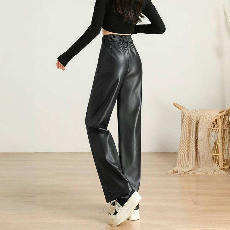 Autumn and winter 2026 new loose wide-leg leather pants women's straight and thin casual pants soft PU leather black high-waisted pants