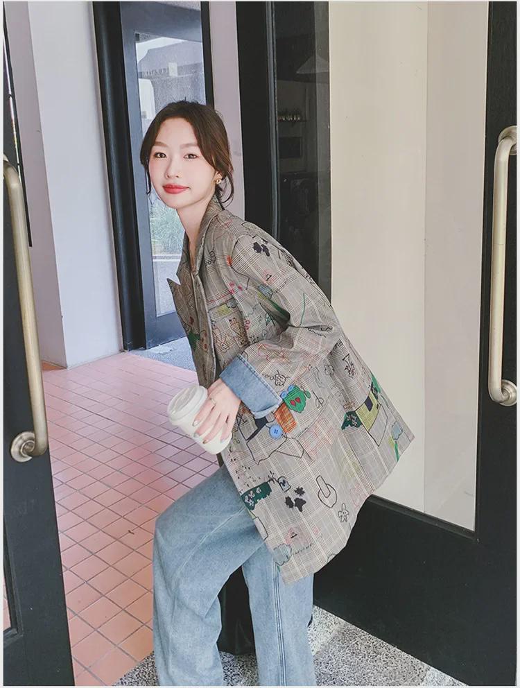 Jachetă de damă primăvara 2025 gri cu imprimeu graffiti în carouri: Street-Rock Croială Largă, Design Nou