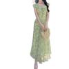 Seaside Vacation Green Floral Small Flying Sleeve Dress Gentle Temperament Unique Beautiful Waist a Word Beach Dress