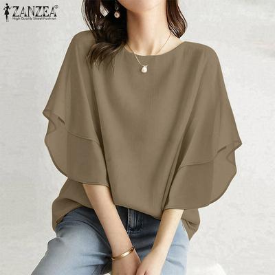 Women Summer Round Neck Casual Short Sleeve Loose Blouse