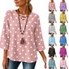 Women's V-Neck Loose Fit 3/4 Sleeve Polka Dot Print T-Shirt for Casual Daily Wear