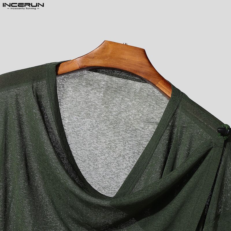 INCERUN Herren Langarm Unregelmäßiger Saum Rollkragen Durchsichtige T-Shirts Transparente Oberteile