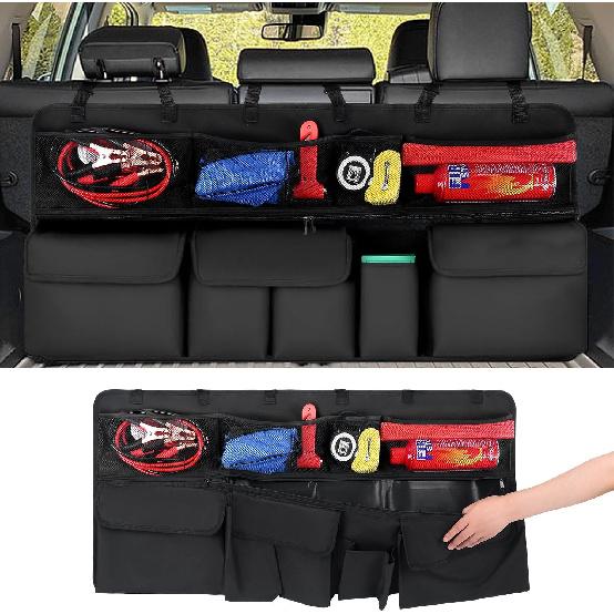 Hanging Trunk Organizer, Upgraded Version With Zipper Car Back Seat Trunk Organizer Hanging, Waterproof Collapsible Cargo Storage With 10 Pockets,