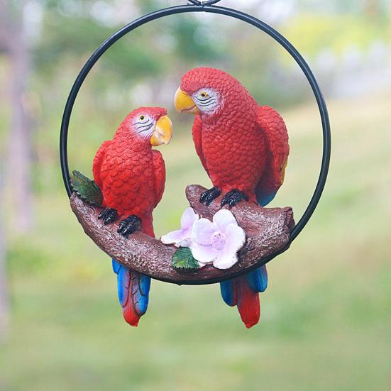 Parrot Pendant, Waterproof Resin Outdoor Garden Decoration with Iron Ring Suspension, Realistic Macaw Pair Hanging Ornament for Balcony Trees Indoor