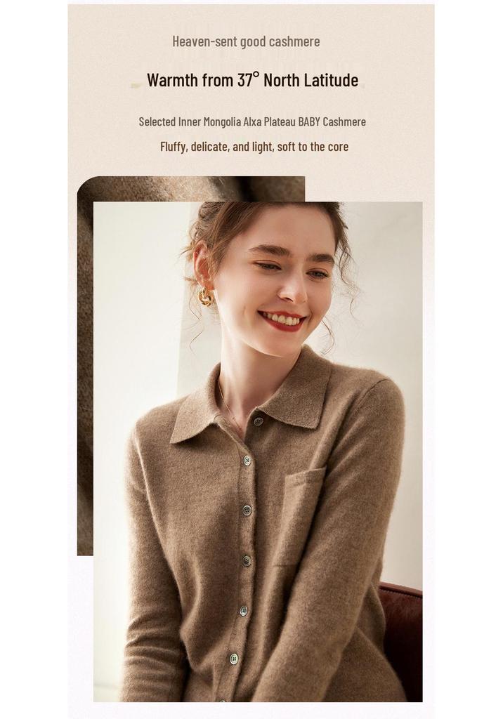 Women's Cashmere Polo Collar Knit Top: Versatile Solid Color Cardigan Sweater Coat