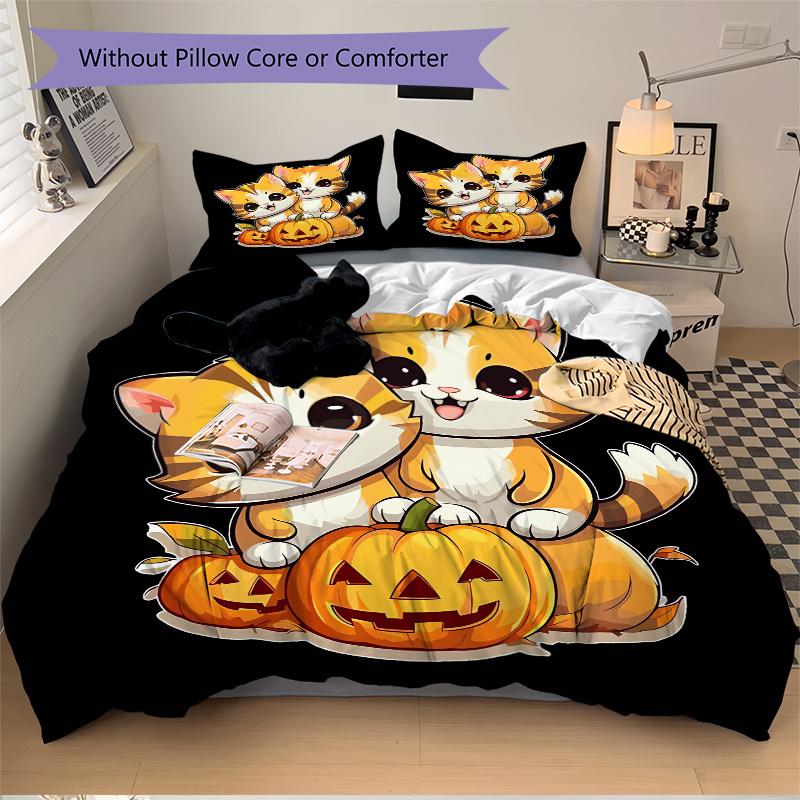 3pcs Two Kittens & Halloween Pumpkin Quilt Cover Set, Polyester Fabric, All-Season Comforter Set For 1 Quilt Cover & 2 Pillowcases