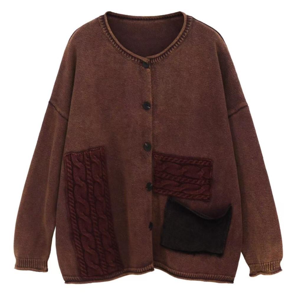 Johnature Women Vintage Winter Sweaters O-Neck Long Sleeve Patchwork Color Button Knitted Female Sweaters