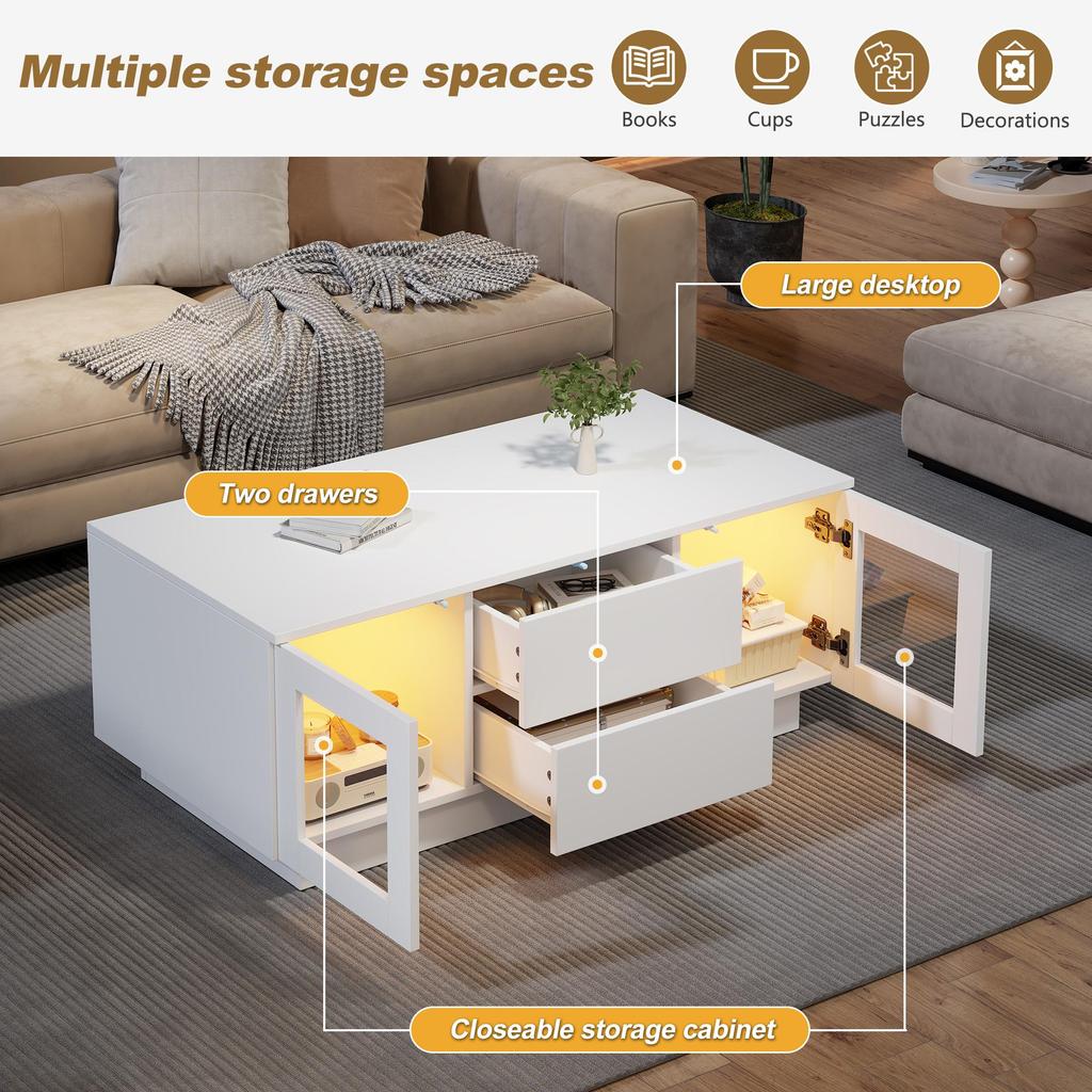 Hochglanz-Couchtisch, mit per mobiler App steuerbaren LED-Leuchten, Wohnzimmertisch mit Schrank, Sofatisch , Beistelltisch,100×50×40cm