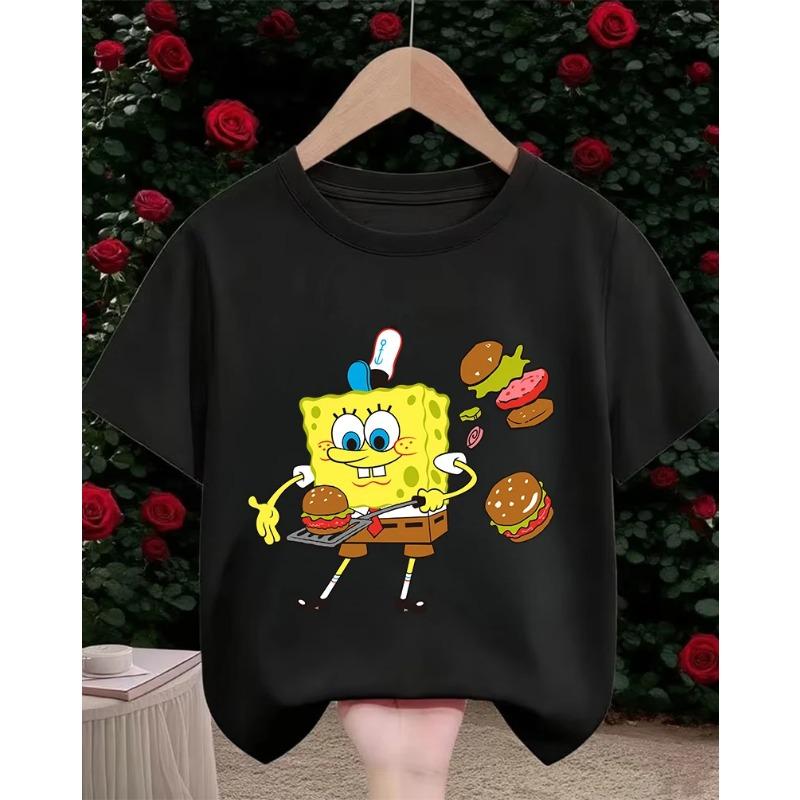 Street SpongeBob SquarePants Casual T Shirt 3-14Y Boys Girls Summer Cute Kawaii Fashion Hot Cartoon Crew Neck Kids