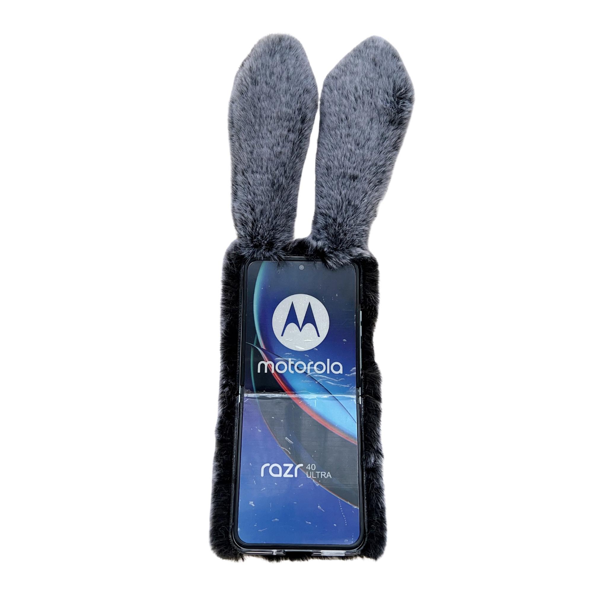 

For Motorola Razr 40 Ultra 5G Case Furry 3D Bunny Ears TPU Phone Cover Dark Grey