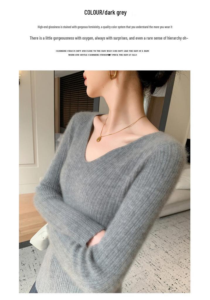 Women's Slimming Ribbed Wool V-neck Cashmere Sweater: Solid Color, Long Sleeve, Casual Knitwear
