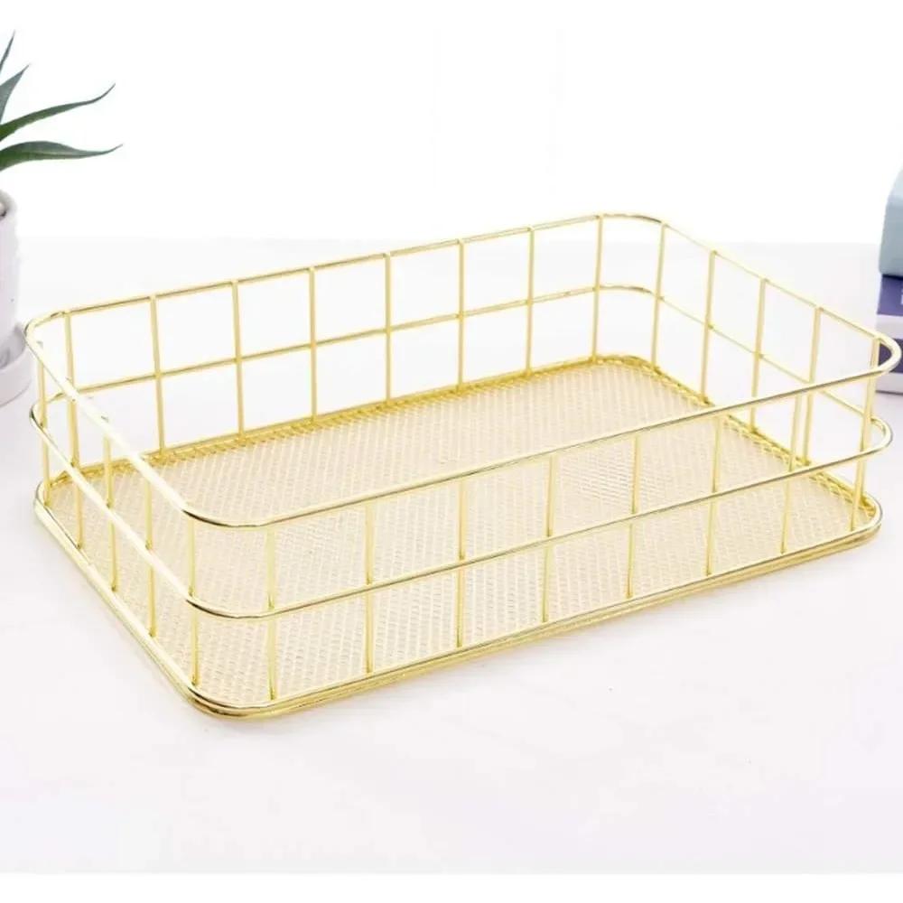 For Rose Gold Metal Desk Tray Bathroom Shelf Storage Fruit Home and Office Finishing Basket