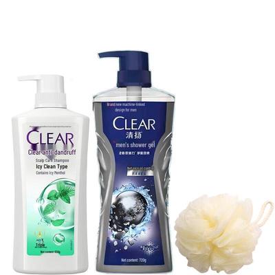 Clear Anti-Dandruff Shampoo (650G) & Men's Shower Gel (720G) with Bath Sponge