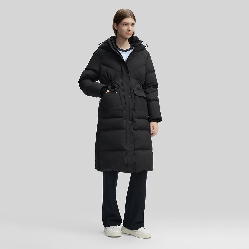 Fila Emerald Series Versatile Solid Color Warm Long Hooded Down Jacket Women Outerwear Black F11W444921FBK