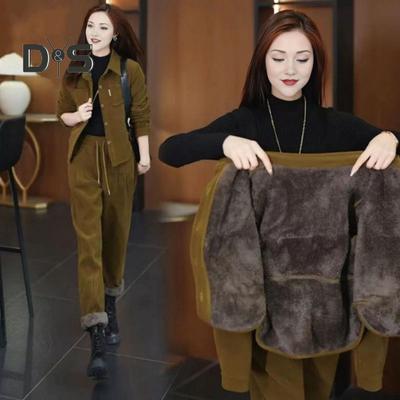 2 Teile/satz Frauen Mantel Hosen Set Dicken Plüsch Gefüttert Einreihig Umlegekragen Langarm Jacke Kordelzug Elastische Taille Hosenanzug Winter Warm