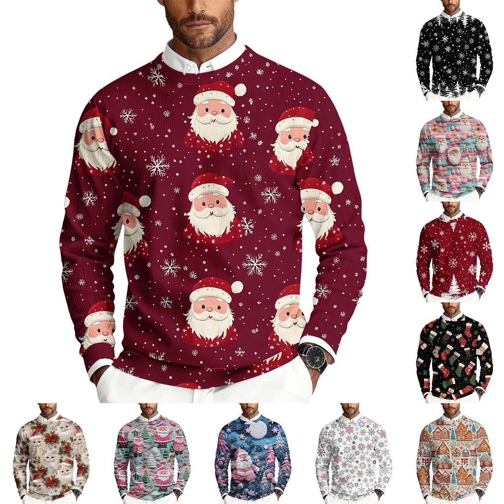 Men's Christmas Printed Crewneck Long Sleeve Ribbed Knit Pullover Sweater | Relaxed Fit Casual Business Knitwear For Holiday Parties & Daily Wear