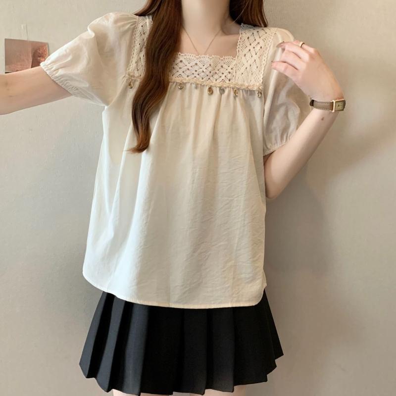 Square Neck Women's Short Sleeved Tees Chic Collar Design Versatile T-shirts Korean Sweet Style Ladies Clothing
