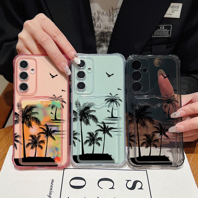 Coconut Tree Print Clear Card Slot Case For Samsung S25 S24 FE S23 Ultra A56 A36 A16 A55 A35 A15 Slim Soft Silicone Shockproof Phone Cover