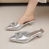 Fashion Pointed Toe Shallow Slip Rhinestone Square Buckle Stiletto Heel Semi-drag Women's Fashion Non-Slip Wear-Resistant Wrapped