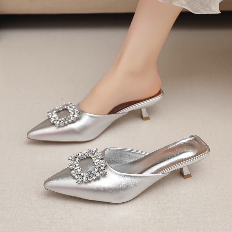 Fashion Pointed Toe Shallow Slip Rhinestone Square Buckle Stiletto Heel Semi-drag Women's Fashion Non-Slip Wear-Resistant Wrapped