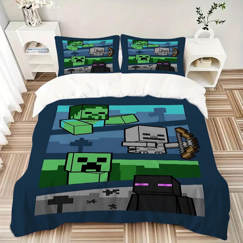 3pcs Minecraft Creeper, Skeleton, Enderman Pixel Art Home Decor Bedding Set-Universal Three-Piece Suit for Bedroom, Guest Room, Living Room,