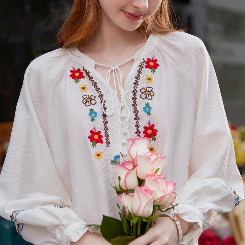 Bailuyu Women's Ethnic Embroidered V-Neck Blouse