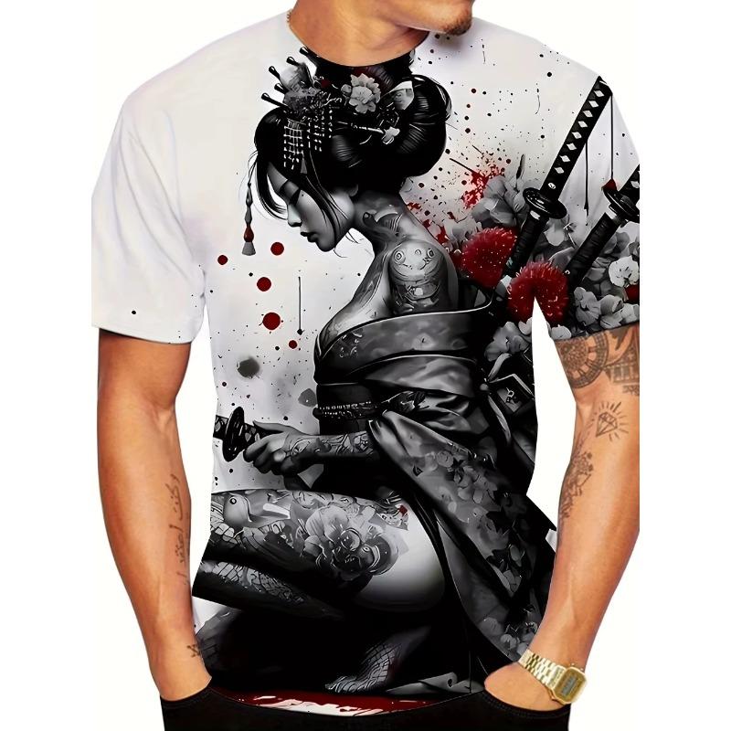 Japanese Geisha 3D Printing summer Men's Lightweight Breathable T-shirt Street Trend Fashion Wear Casual Top Moisture Wicking