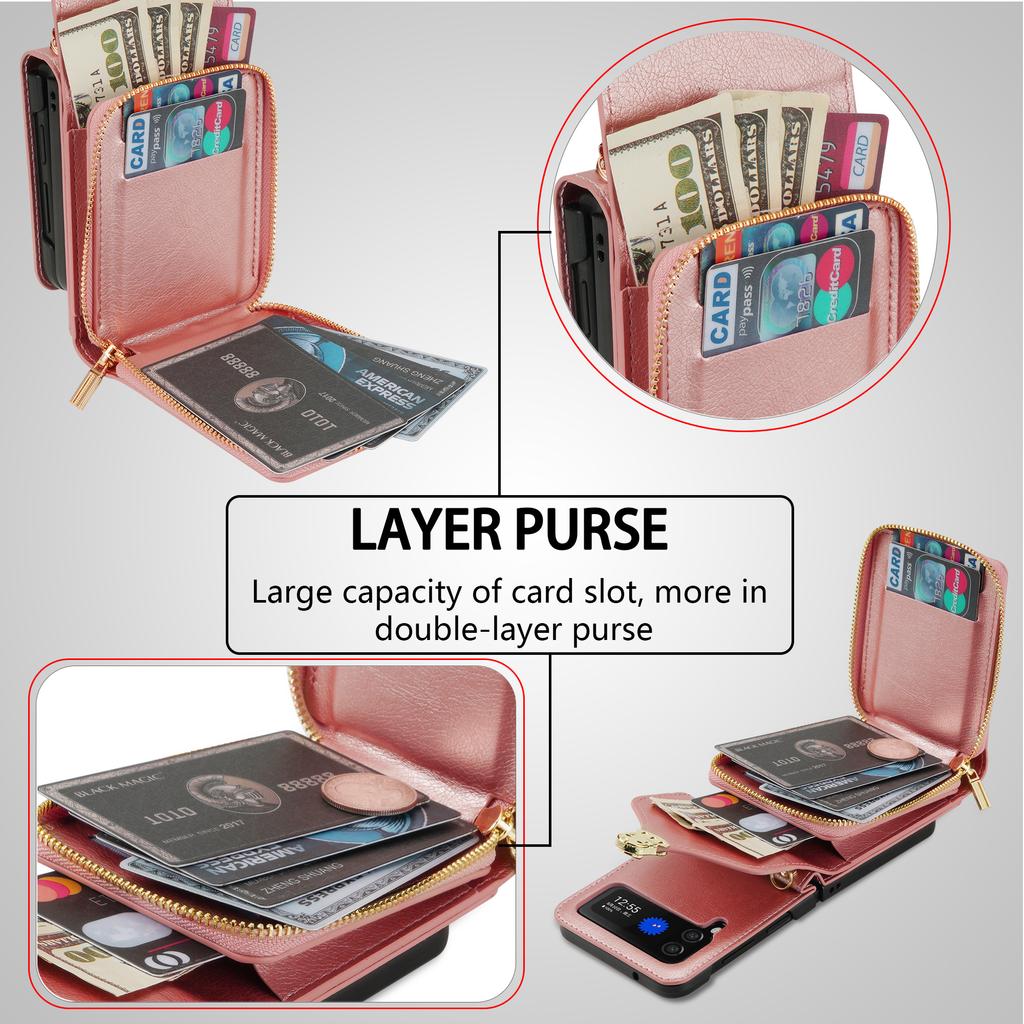 Long Lanyard Zipper Card Wallet Case For Samsung Galaxy Z Flip 7 6 5 4 3 5G Flip6 Flip7 Crossbody Leather Holder Purse Bag Cover