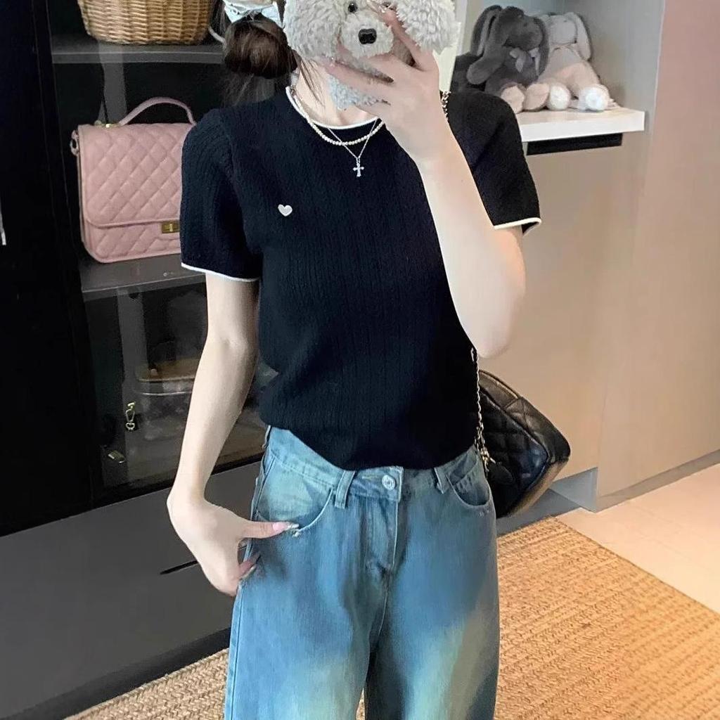 Chic Color Block Crew Neck Short Sleeve Knitted T-Shirt for Women - Preppy Style Summer 2025