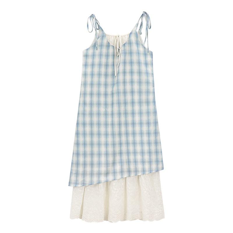 Summer New Gentle Wind Small Fresh Plaid Fake Two-piece Suspender Dress Women's Niche Design Loose Long Dress
