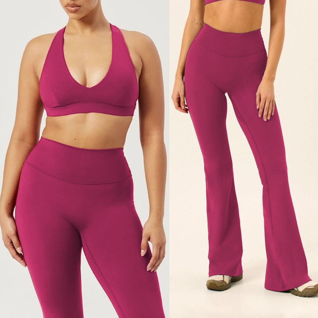 Seamless Yoga Suit Neck Bra Flared Pants Fitness Running Sports Fitness Suit Pilates Suit