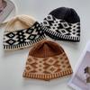 Fair Island hat women's autumn and winter big head circumference plaid knitted hat retro warm wool bag head cold hat bucket basin