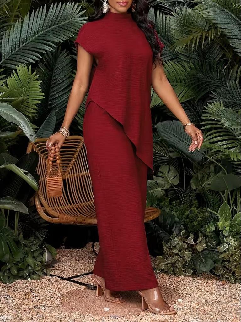 Women's Casual Asymmetrical Hem Two-Piece Set: Solid Color Top and Pants