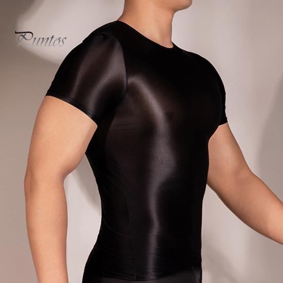 Men T-shirt Thin High Elasticity Round Neck Short Sleeves Slim Fit Good Breathability See-through Glossy Surface Top