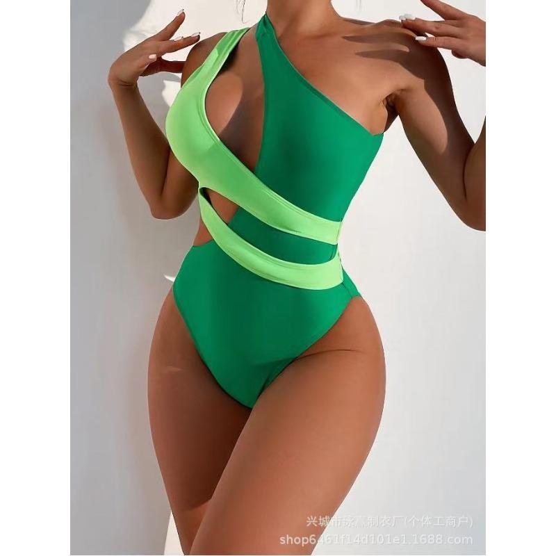 Sexy One-piece Swimsuit Onservative Color Matching Contrasting Color Single Shoulder Sloping Shoulder