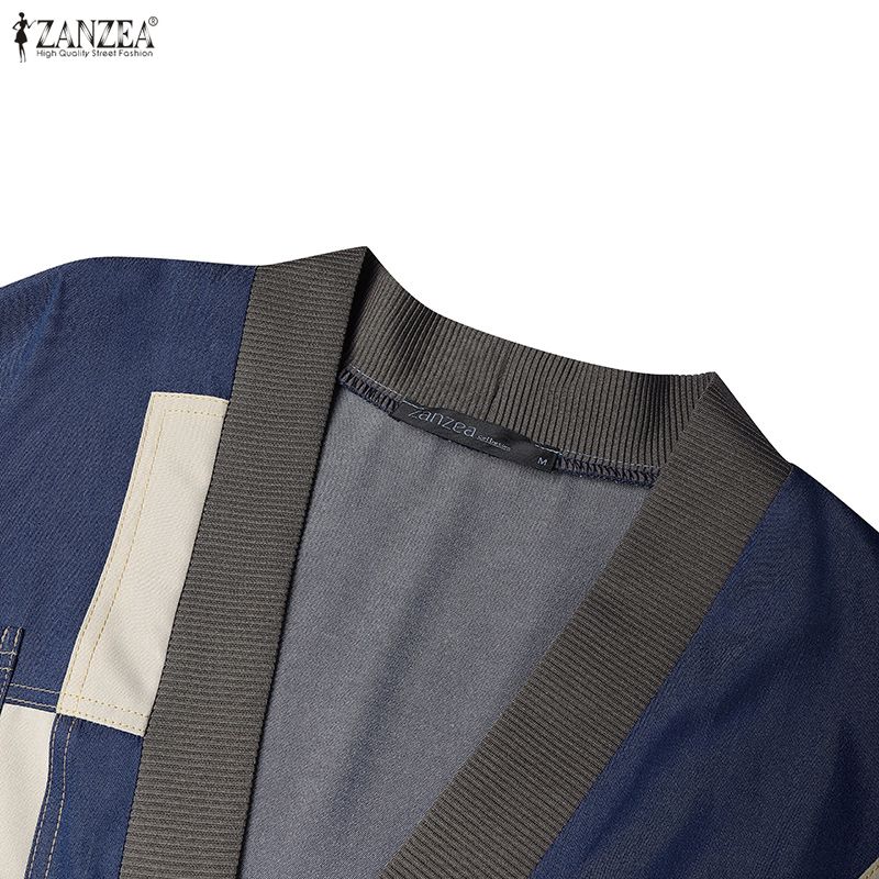 ZANZEA Women Casual V-Neck Loose Long Sleeve Patchwork Cardigan Blouse