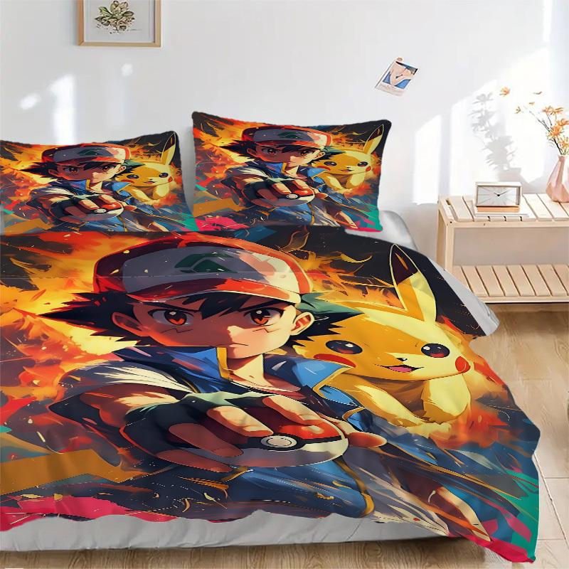 3pcs Bedding Set Pokemon Trainer Pikachu Includes 1 Comforter + 2 Pillowcases, Without Pillow Inserts, Soft Comfortable, Lightweight Breatha
