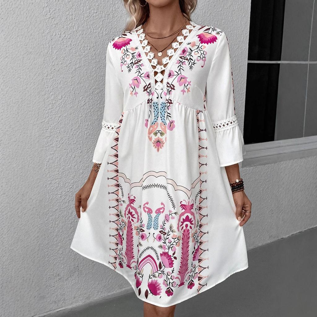 Women's V-Neck Lace Trim Printed Midi Dress, Short Sleeve Casual Floral Summer Dress for Daily Wear