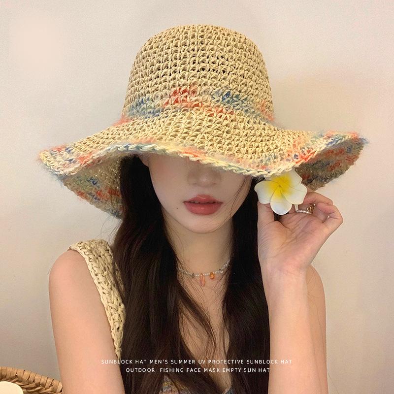 Sunscreen hat women's summer color woven straw hat seaside vacation breathable hollow large brim UV protection sun hat